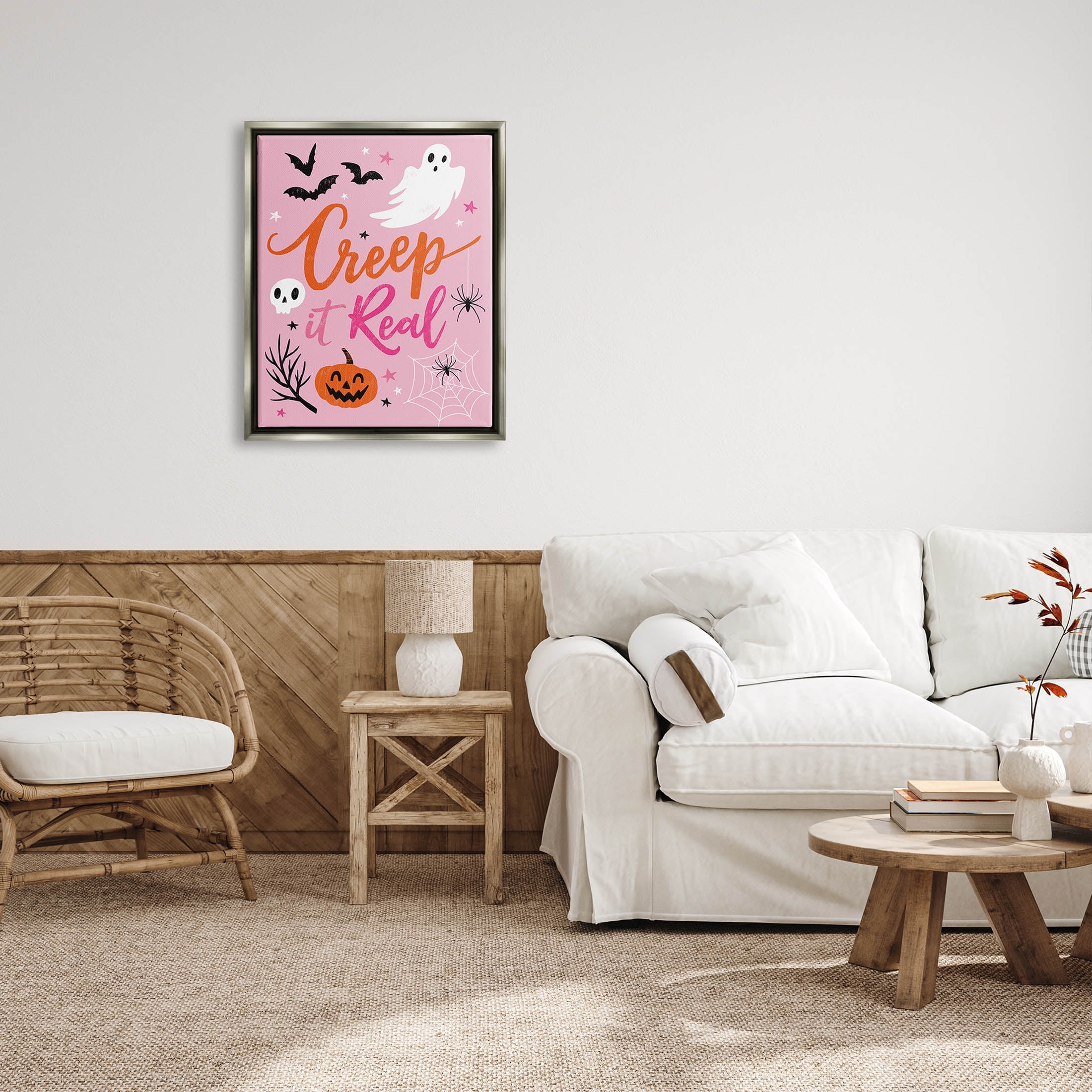 Creep It Real Pink Halloween Phrase Holiday Graphic Art Luster Gray Framed Art Print Wall Art