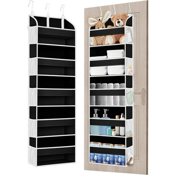 Over The Door Organizer with 5 Pockets 10 Mesh Side Pockets, 44 lbs Weight Capacity Door Organizer Hanging Shoe Rack for Closet, Black