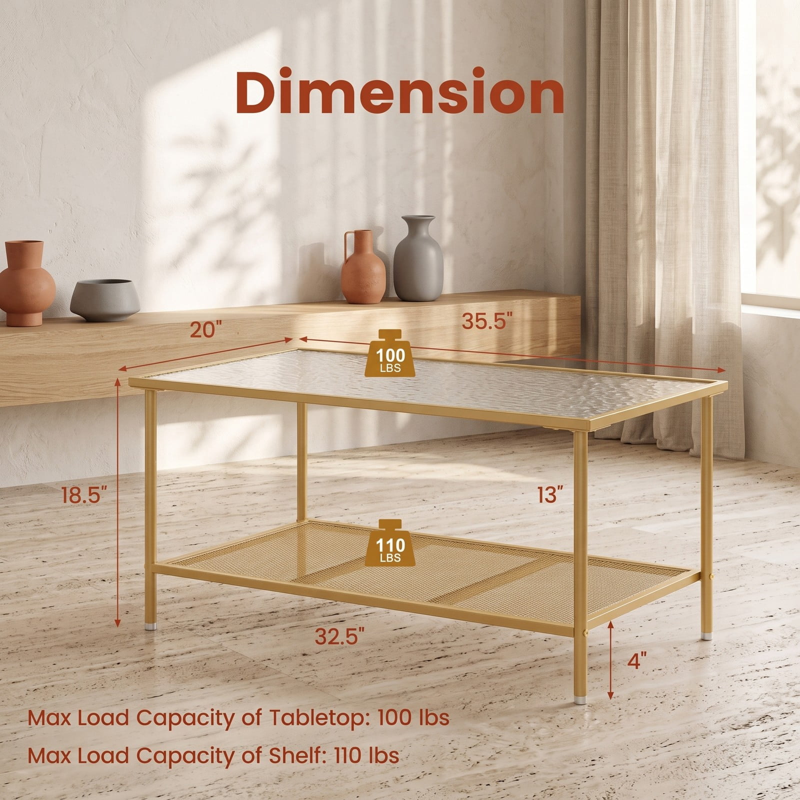 Furnibear 2-Tier Coffee Table with Tempered Glass Top and Storage Shelf, Modern Metal Frame Center Tea Table for Living Room Home Office, Golden