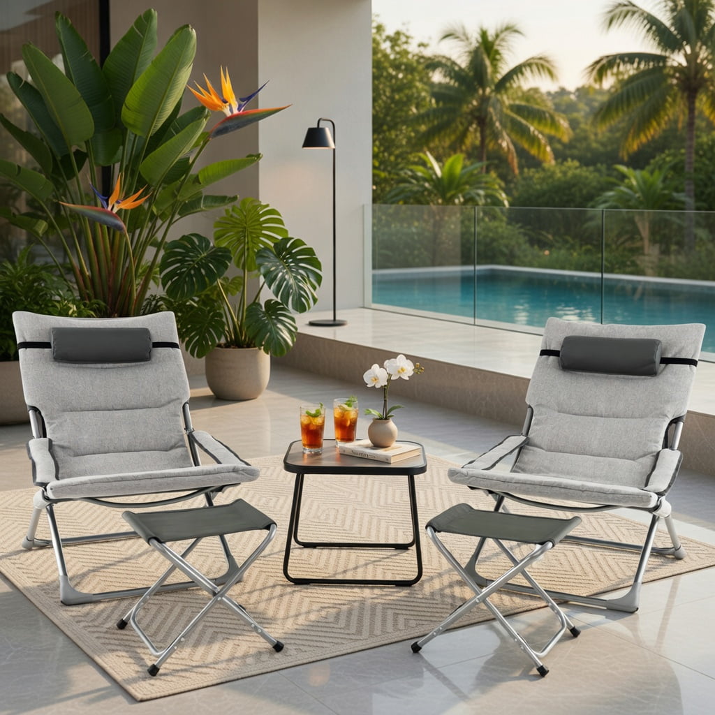 Hommoo 5-Piece Folding Patio Sling Chair Set with Footrests, Coffee Table & Headrest Pillows, Outdoor Lounge Seating for Deck, Poolside & Garden, Gray