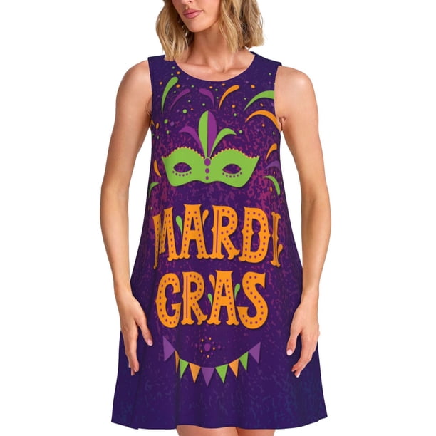 Easygdp Mardi Gras2 para Vestido Transpirable de Mujer, Vestido Suelto de Manga Corta con Pliegues y Bolsillos para el Verano