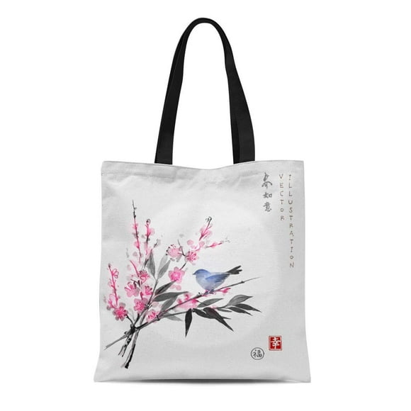 NUDECOR Canvas Tote Bag Sakura in Blossom Bamboo Branch and Little Blue Bird Durable Reusable Shopping Shoulder Grocery Bag