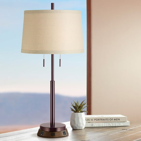Possini Euro Design Modern Table Lamp with USB and AC Power Outlet Workstation Charging Base 33" Tall Bronze Off White Drum Shade Office