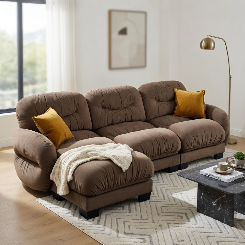 Hommoo Chenille L-Shaped Modular Sectional Sofa with Ottoman, 3-Seater Pleated Back Design, Ergonomic High-Density Foam Cushions & 2 Round Throw Pillows, Brown