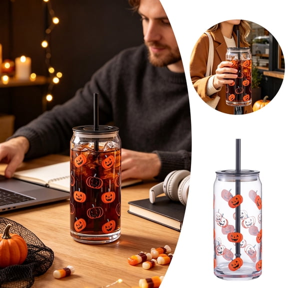 20 oz Halloween Pumpkin Glass Tumbler, Iced Coffee Can Shaped Glass Cup with Lid and Straw, Jack‑O‑Lantern Print Drinking Glass for Halloween Party, Home Office Daily Use