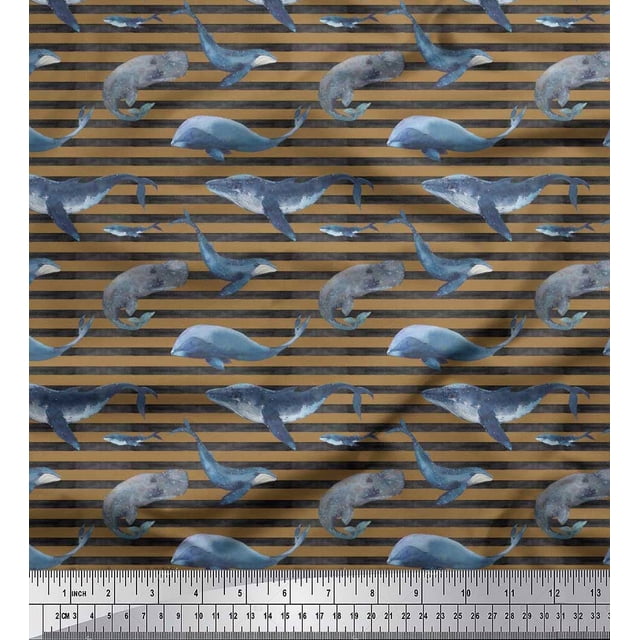 Soimoi Moss Georgette Fabric Stripes & Whale Fish Ocean Decor Fabric Printed Yard 42 Inch Wide