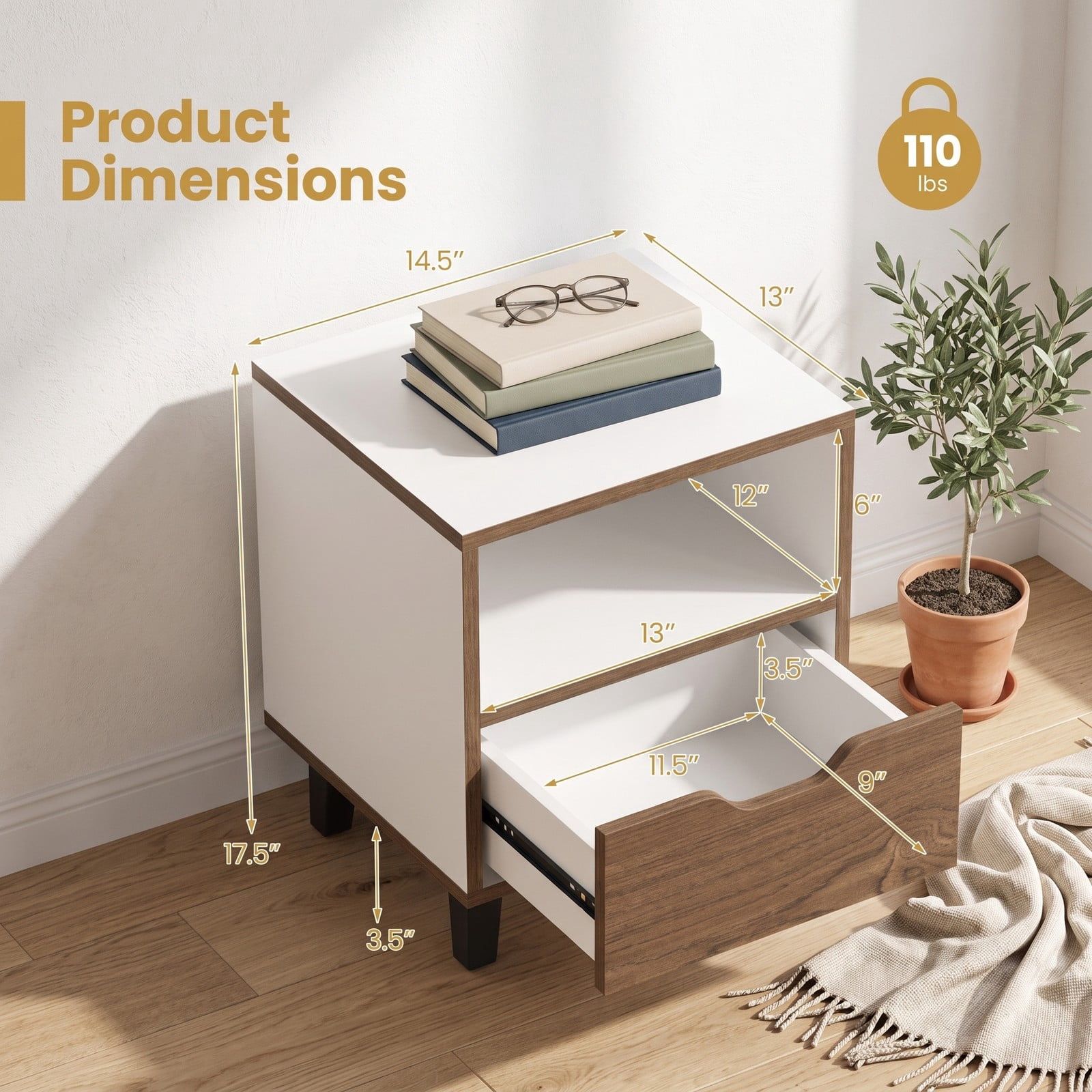 Furnibear Nightstand Set of 2 with Drawer and Open Storage Shelf for Bedroom Living Room and Small Spaces, White and Natural