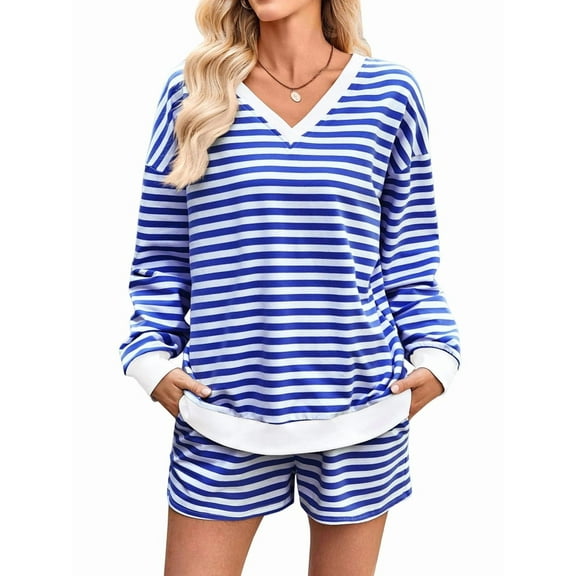 Women'S Striped Sets 2 Piece Outfits Long Sleeve Sweatshirt and Shorts Set Blue L