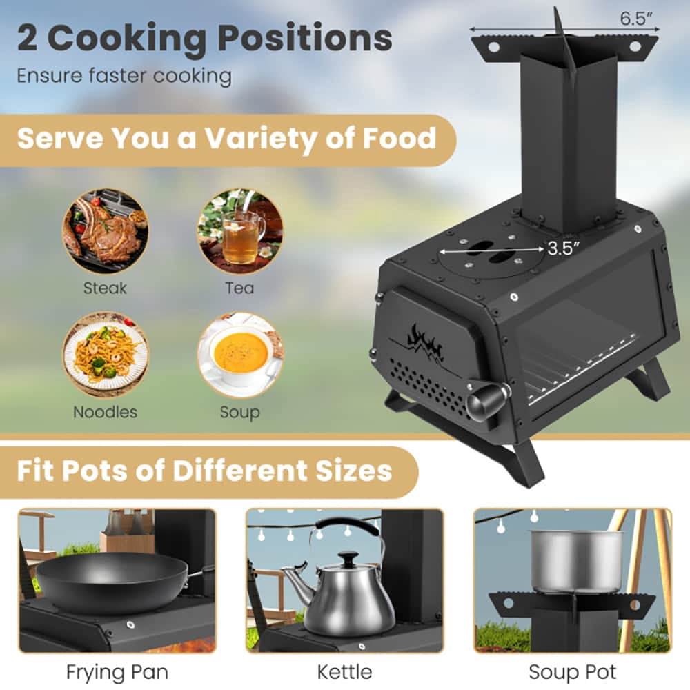 Spaco Portable Wood Camping Burning Stove Heater with 2 Cooking Positions, Portable Wood Burning Stove, Black