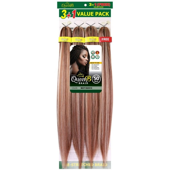 QueenB 4X Value Pack Pre-Stretched Braiding Hair 50” – Color M27/30/613