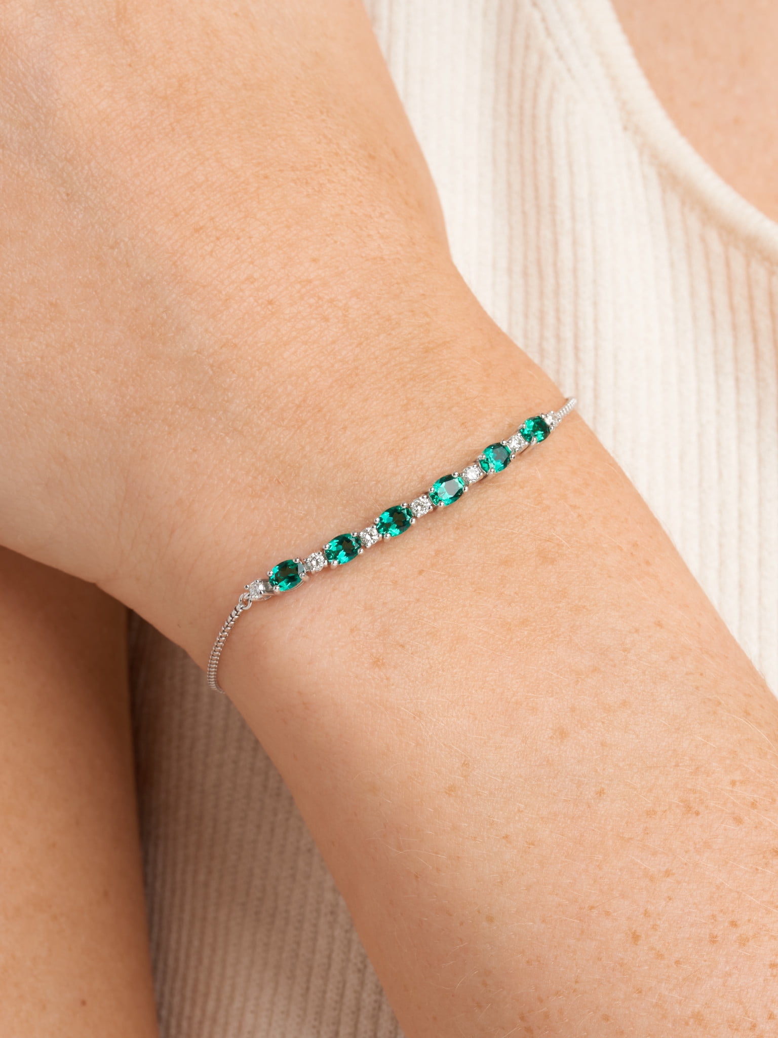 Forever Facets Lab Grown Diamond and Created Emerald Sterling Silver Bolo Bracelet, Adult Female