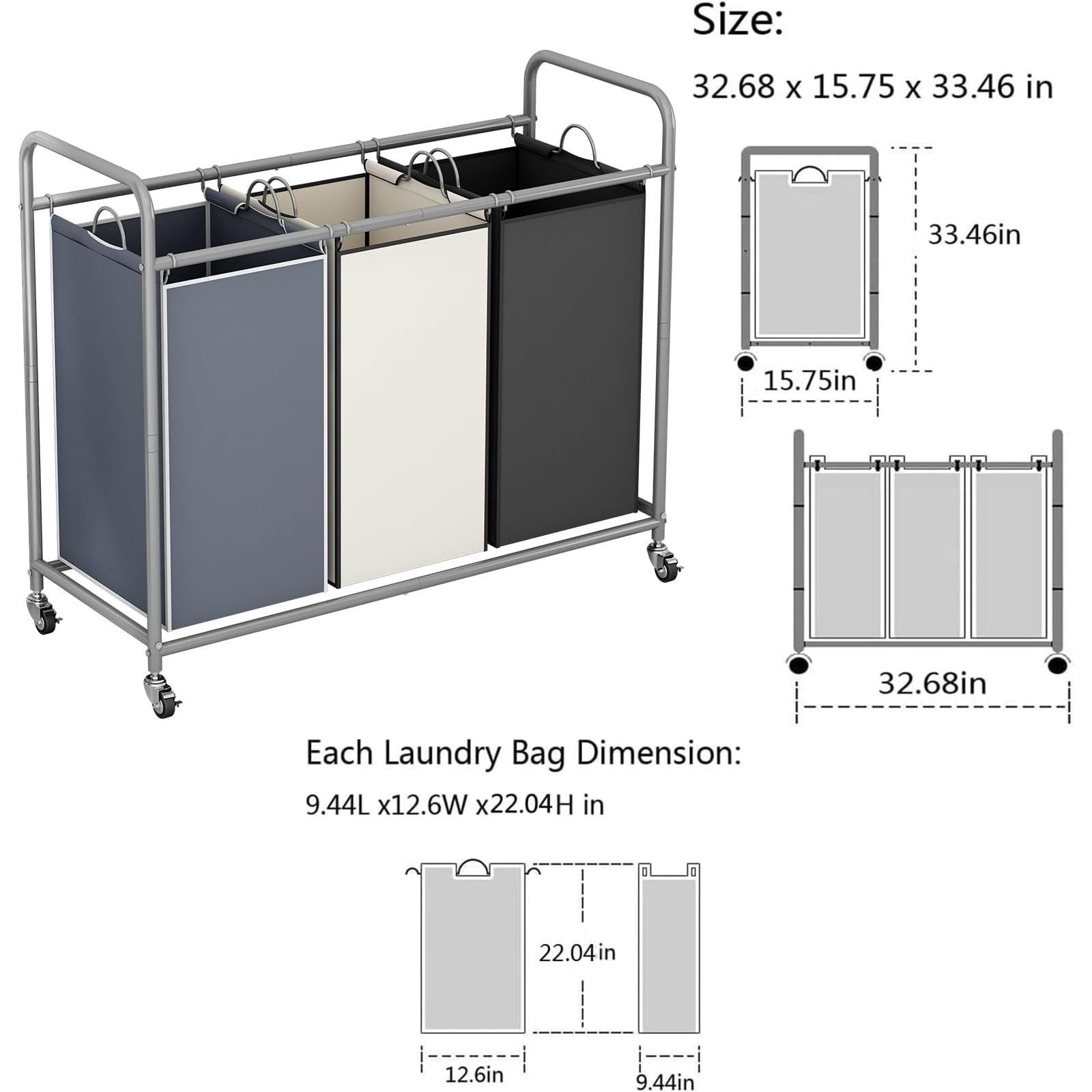 SUOERNUO 3-Bag Laundry Sorter Cart with Wheels – Heavy Duty Rolling Hamper with Removable Bags for Laundry Room Organization (Assorted)