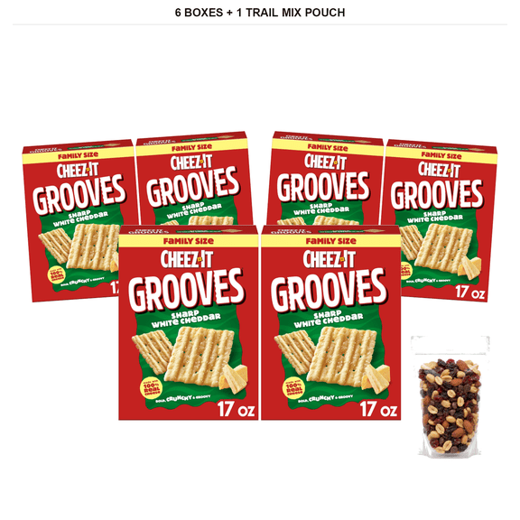 Cheez-It Grooves Cheese Crackers, Sharp White Cheddar, 6 Boxes x 17 oz with 1 Bybies Trail Mix Pouch, 2 oz
