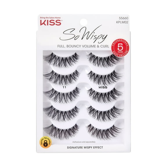KISS So Wispy False Eyelashes, Strip Lashes, Style 11, Black, 12mm, 5 Pairs