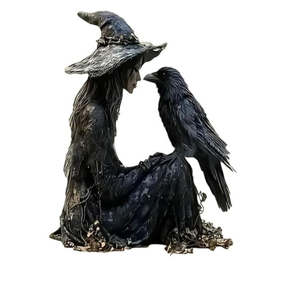 Witch Statue and Crow Halloween Gothic Desk Decor, 2D Acrylic Halloween Vintage Sorceress Figurine with Pointed Hat, Scary Spooky Home Guardian for Festival Collectible Desk Home Decor