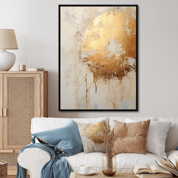 Designart "Fusion Of Gold And Beige Paint I" Abstract Painting Floater Framed Wall Decor