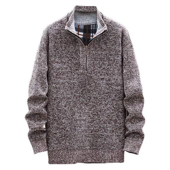 TOUMENY Men Sweater Long Sleeve Casual Half Zip Mock Neck Fleece Knit Pullover Solid Winter Warm Slim Fit Fashion Tops Coffee XXXL