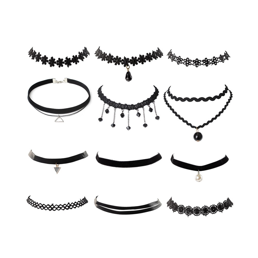 Choker Set, 12 PCS Choker Necklaces Black Velvet Choker Set Classic Gothic Tattoo Lace Chokers For Women And Girls Gift For Her