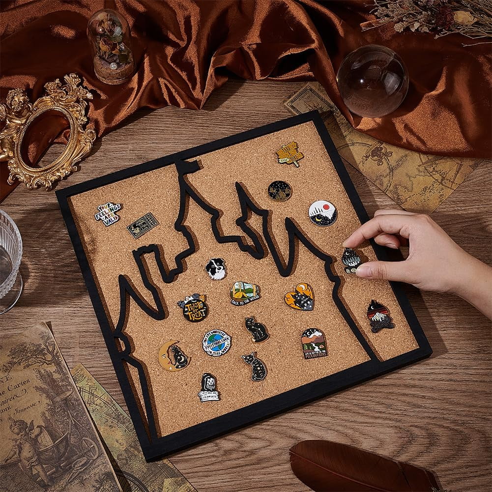 1pc Square Castle Pin Board Cork Board 11.8x11.8inch Bulletin Display Board Wall Mounted Cork Board with Black Frame for Brooch Pin Storage Display Office Home and School Decor