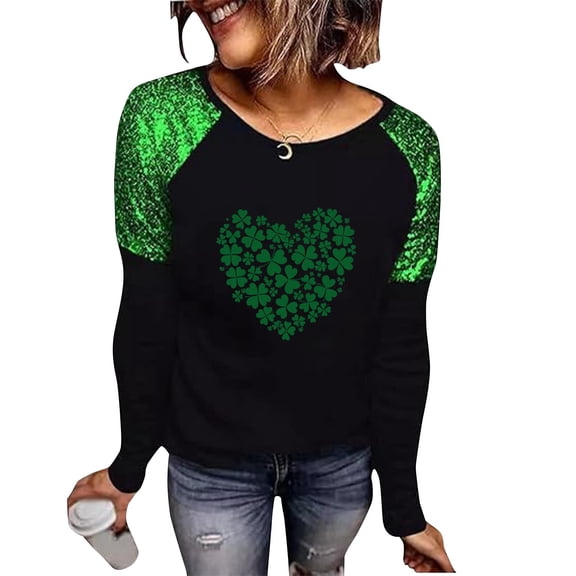 St Patricks Day Shirt Women Funny Patchwork Long Sleeve Top Shamrock Print Shirt Crew Neck Casual Shirts Cute Festival Outfits Green Tops for Women