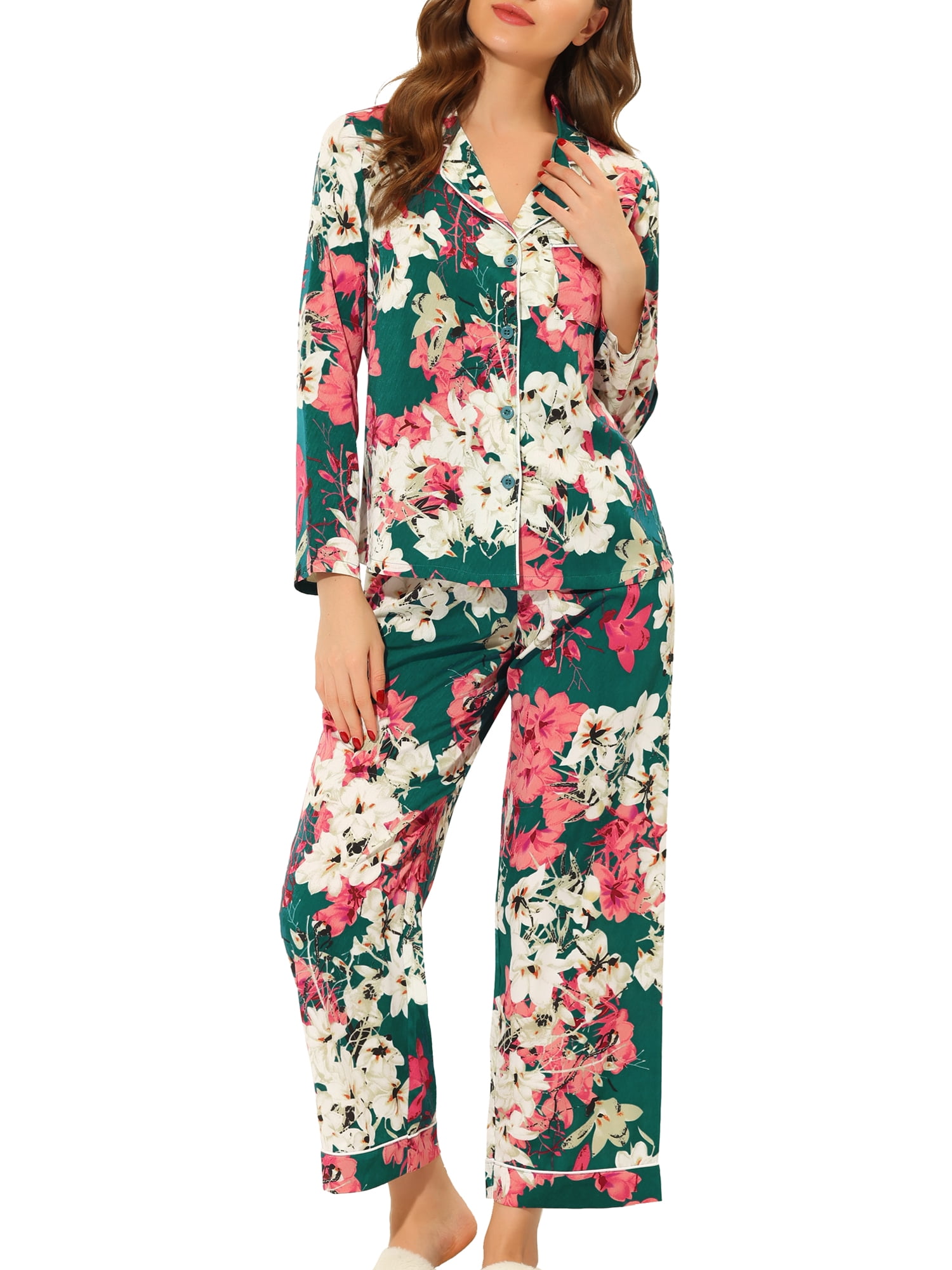 Unique Bargains Women's Pajama Sleep Shirt Nightwear Sleepwear Lounge Satin Pj Sets