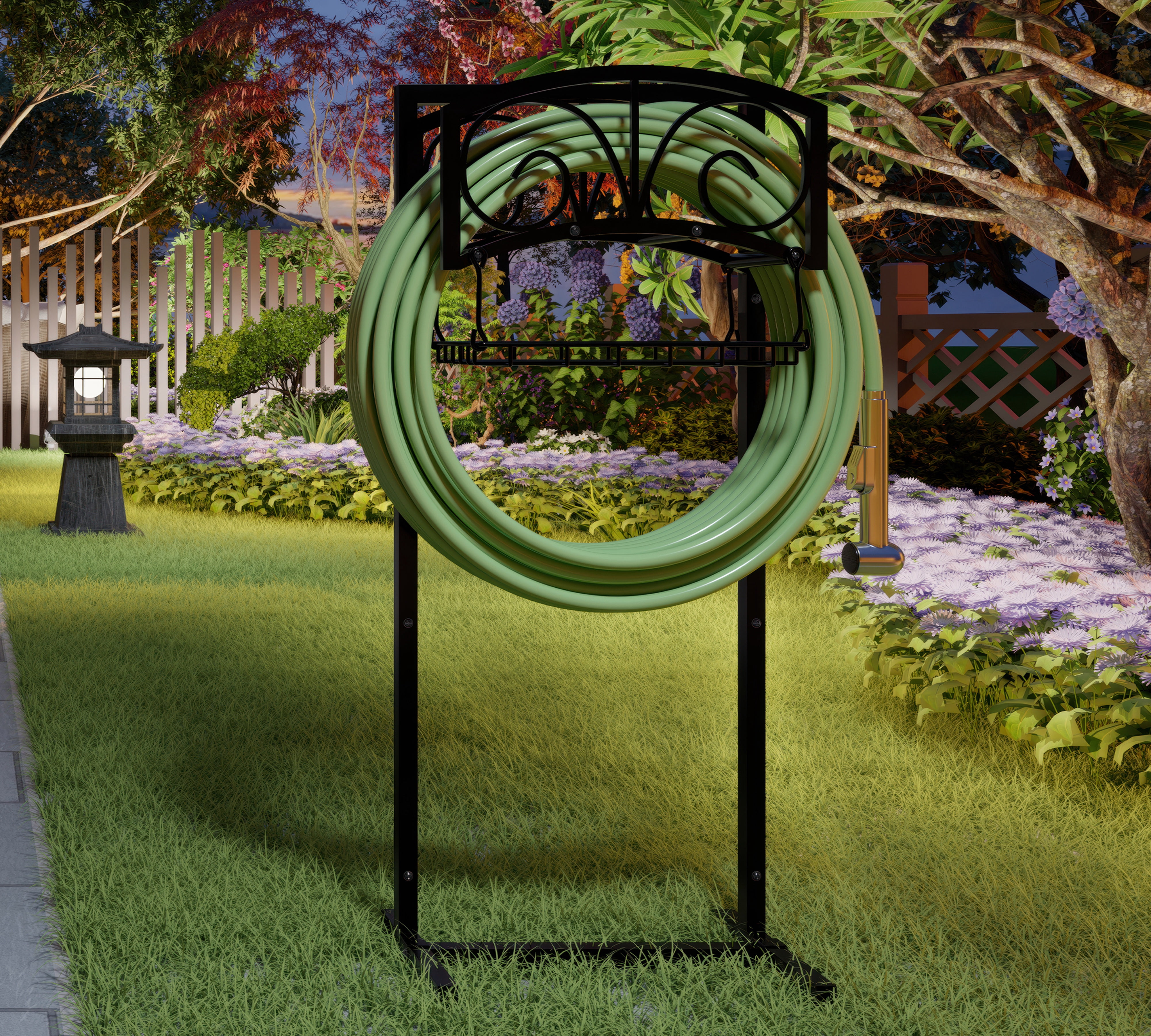 Freestanding Heavy Duty Garden Hose Holder with Storage Basket - In-Ground Outdoor Hose Organizer, Detachable Stake & Reel Stand for Lawn, Yard, Patio, Garden - Rustproof Durable Design - Fire Beauty