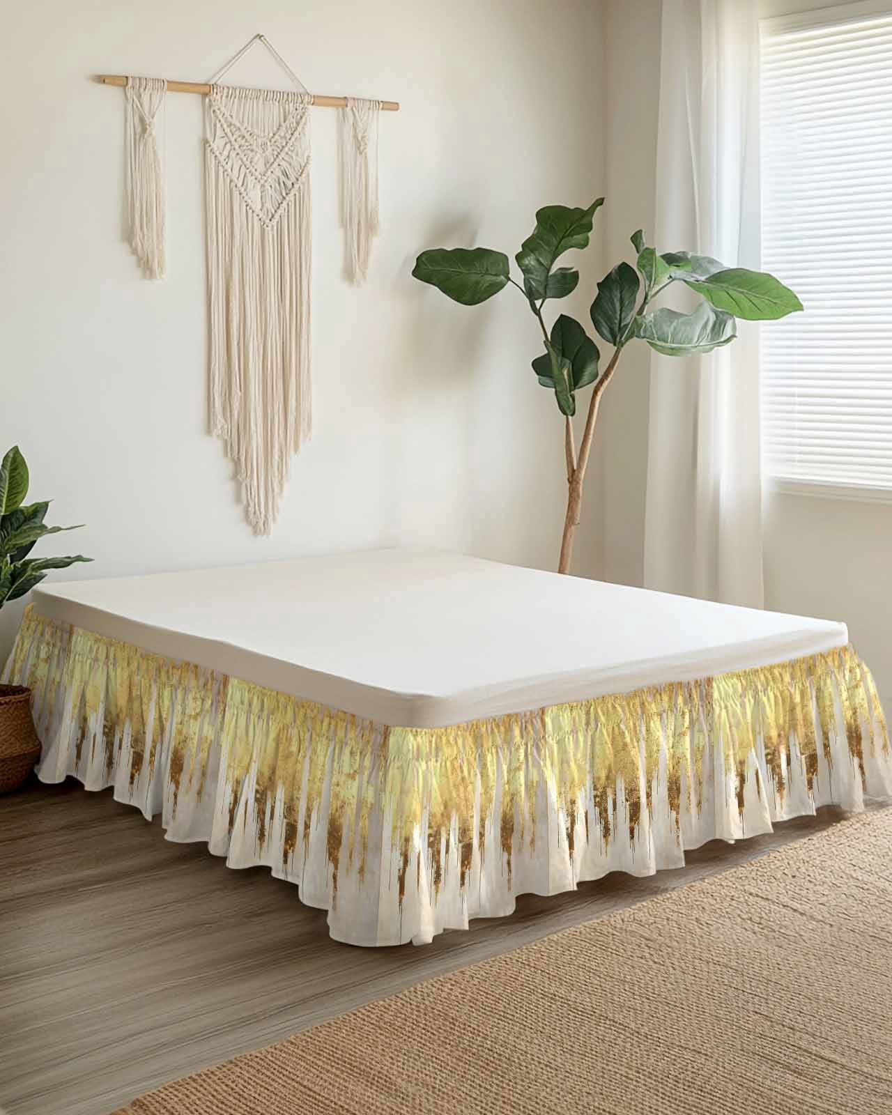 Abstract Gold Wrap Around Bed Skirts for Queen Bed 18" Drop,Bed Skirt with Adjustable Elastic Belt Dust Ruffle Bed Valance for Bedroom Hotel Luxury Modern Brush Luxury Strokes Artwork Bed Frame Cover