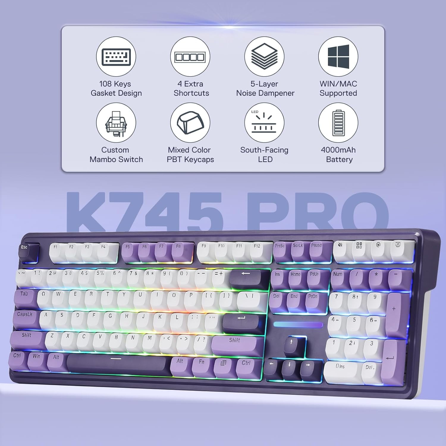 Redragon K745 PRO Wireless Gasket RGB Gaming Keyboard, 108 Keys Mechanical Keyboard w/Extra 4 Hotkeys, Hot-Swap Socket, 5-Layer Noise Dampening, See-Through Round PBT Keycaps, Mint Mambo Switch