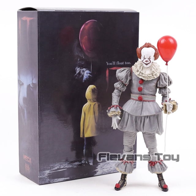 neca pennywise - juguete modelo de figura de acción, colección de regalosuna caja Figura de acción Pennywise de 20 cm (PVC) con traje gris de volantes, botones rojos y globo rojo; vista frontal junto a su caja ilustrada con niño en impermeable amarillo. Recomendado para coleccionistas 18+; embalado en caja. A menudo usado para exhibición en vitrinas de coleccionista.