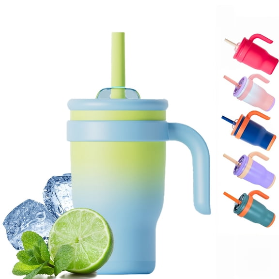 14oz Tumbler with Handle, Insulated Water Bottle with Straw And 2in 1 Lid, Stainless Steel Cup Travel Coffee Mug for Sports Office Gym Kitchen-Gradient Green Blue