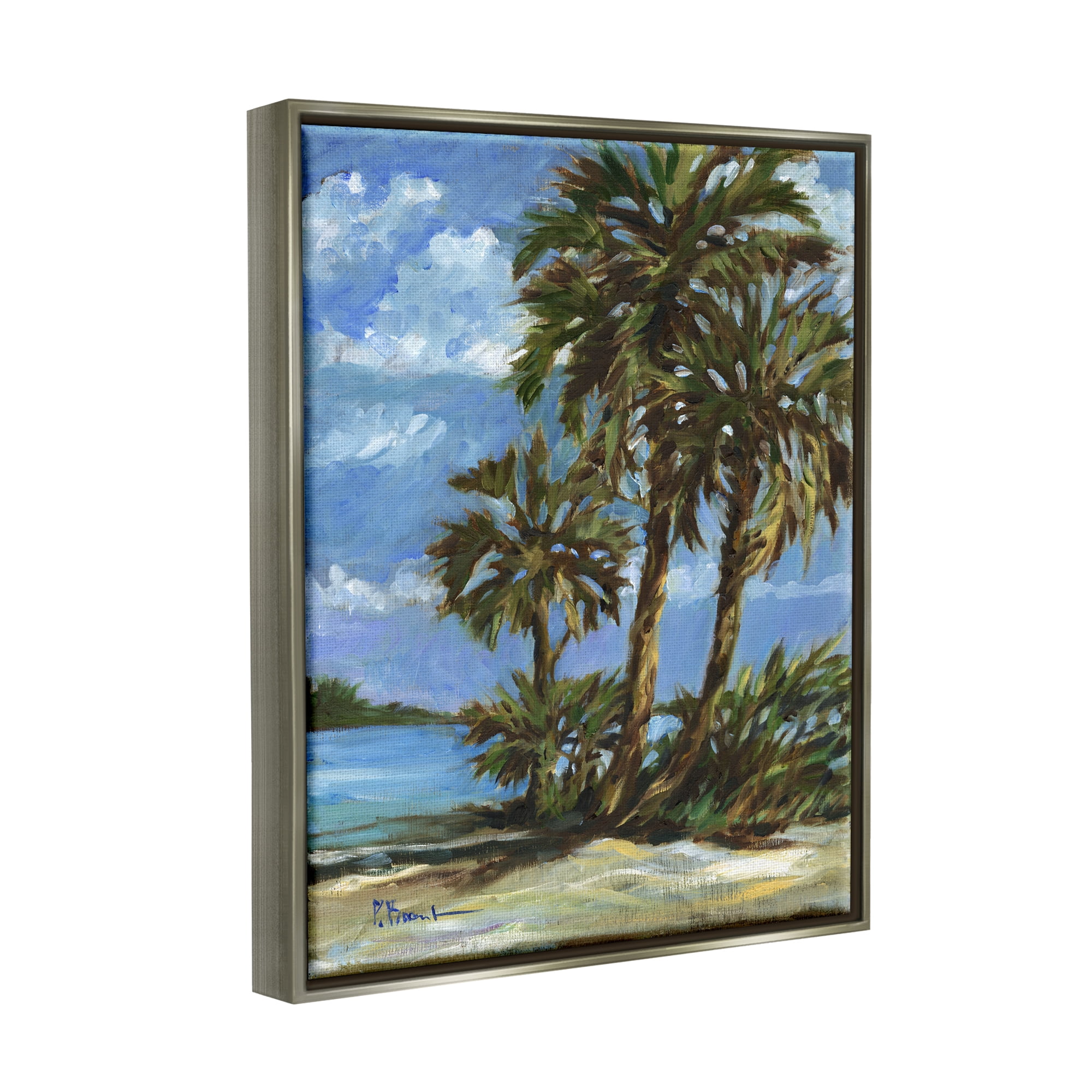 Stupell Industries Tropical Shoreline View Nature Painting Gray Floater Framed Art Print Wall Art, 17 x 21