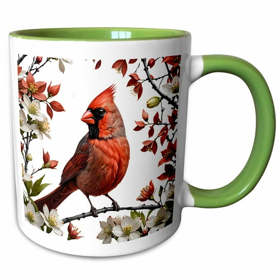 3drose, a Red Cardinal Bird Surrounded by Cornus Florida Flowers, 11oz Two-tone Green Mug