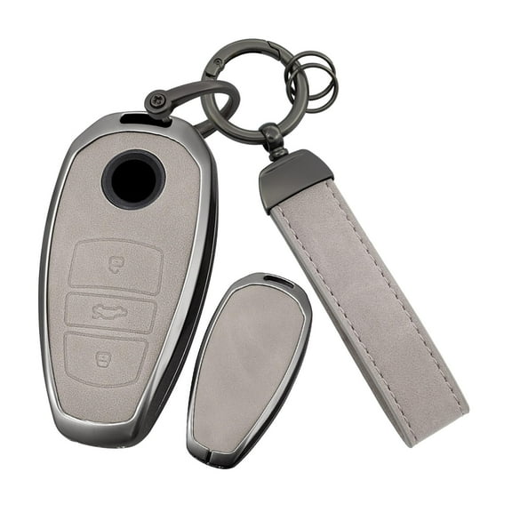 Heavy Duty Metal and Leather Hybrid Key Fob Case with Keychain for Volkswagen Touareg 2010 2011 2012 2013 2014 2015 2016 2017 Full Protection Shell Cover
