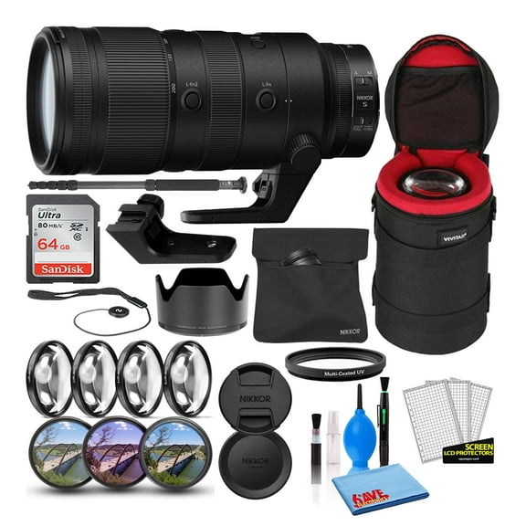 Nikon NIKKOR Z 70-200mm F/2.8 VR S Lens (20091) Bundle with 64GB Ultra SDHC Memory Card   Padded Lens Case   70-Inch Pro Monopod   8-Piece Filter Kit (Macro, UV, CPL, FLD)