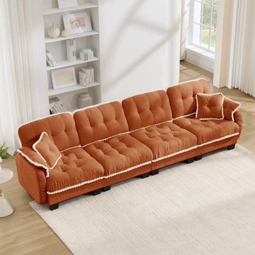 Anpport Modern Aesthetic Orange 4-Seater Sofa, Quilted Tufted Couch with Pom-Pom Trim, Includes 4 Throw Pillows for Apartment, Office & Living Room