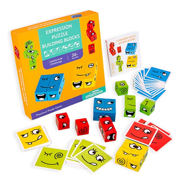 EXPRESIONES DE MADERA BLOQUEO PARENTE-NIÑOS Patrón de cara interactiva Bloques de construcción Juegos de mesa Safe Colorful Toy Classic Eigraketly FN001189-02B