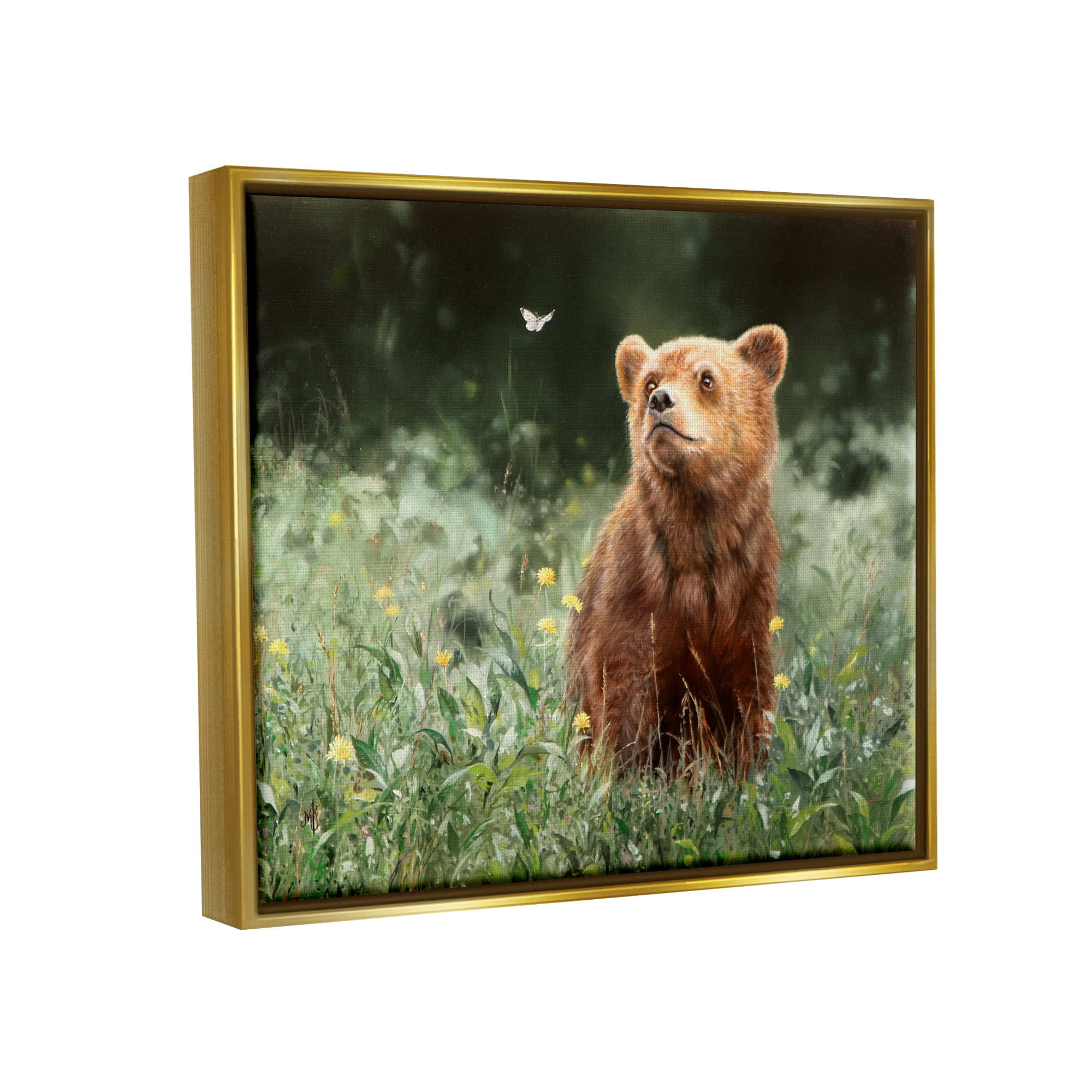 Stupell Industries Bear & Butterfly in Meadow Animals & Insects Photography Gold Floater Framed Art Print Wall Art, 31 x 25