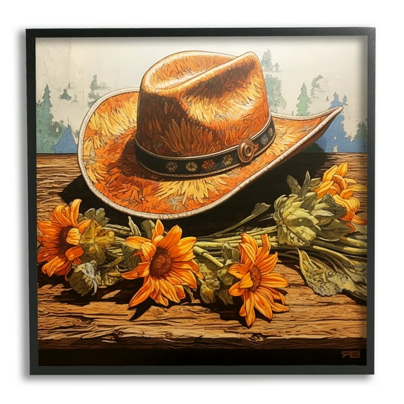 Stupell Industries Cowboy Hat with Sunflowers Botanical & Floral Painting Black Framed Art Print Wall Art, 12 x 12