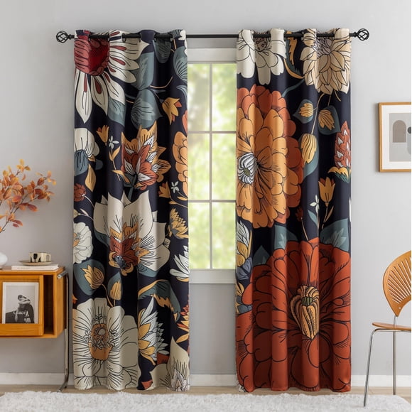 Cortinas opacas Tyrot, color negro bohemio y floral, 100% opacas, 52 x 213 cm