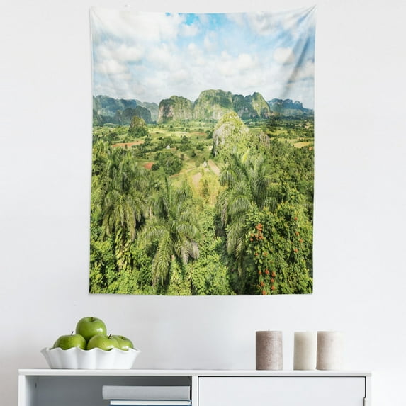 Landscape Tapestry, Panoramic Valley Forest Jungle Exotic Trees Latin America Nature Cuba, Fabric Wall Hanging Decor for Bedroom Living Room Dorm, 5 Sizes, Lime Green Baby Blue, by Ambesonne