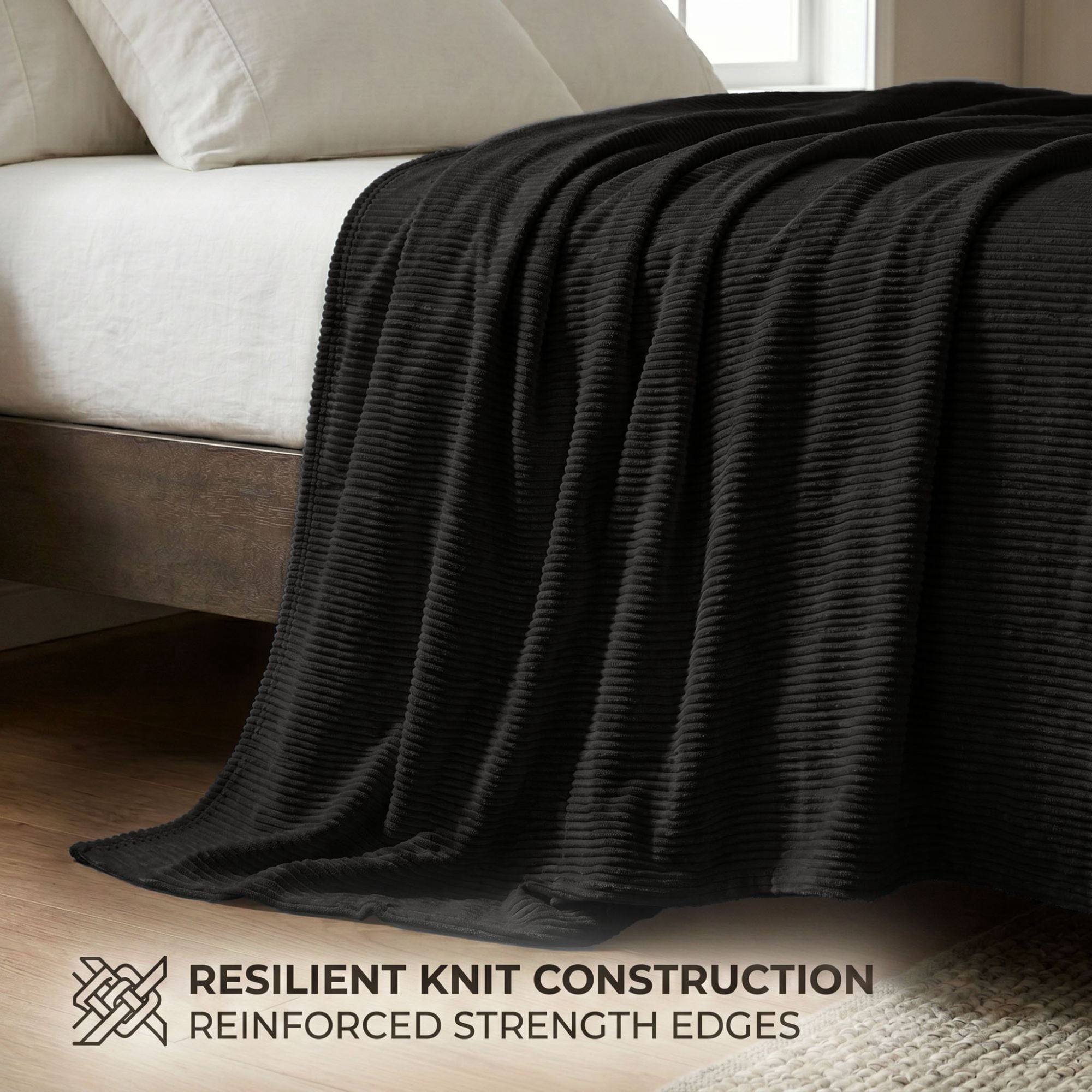 Superior Kacey Ribbed Fluffy Fleece Blanket, Full Queen Size, Black