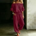 thumbnail image 2 of Ygbgbb Womens Off Shoulder 3/4 Sleeve Drawstring Waist Jogger Jumpsuit with Side Pockets for Vacation Wine S, 2 of 6