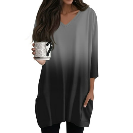 Plus Size Tops for Women Casual Summer 3/4 Sleeve Shirts with Pockets (Black L) A109