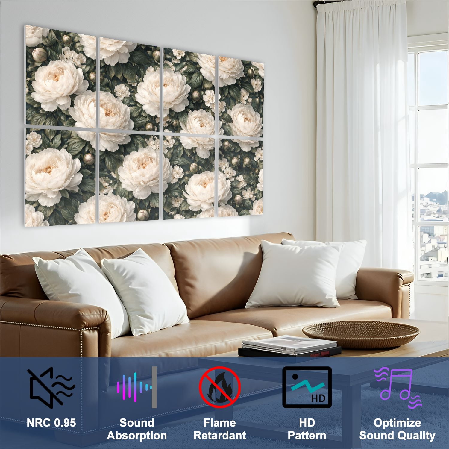 8 Pack Art Acoustic Panels Elegant Dark Floral White Black Peonies Leafy Self Adhesive Absorbing Dampening Panels Self Adhesive for Nursery Game Room Bedroom 48"x32"