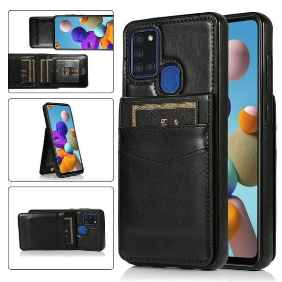 For Samsung Galaxy A21s Solid Color PC + TPU Protective Case with Holder & Card Slots(Black)