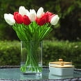 thumbnail image 2 of Enova Home 20 Pieces Artificial Real Touch Tulips Fake Silk Flowers Arrangement in Cylinder Glass Vase with Faux Water for Home Office Wedding Event Decoration (White Red), 2 of 4