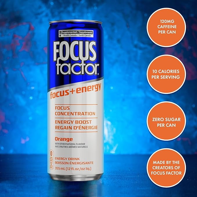 Focus Factor Energy Drink - 12 x 355ml Cans (Orange Flavor), Lightly Carbonated, Sugar Free