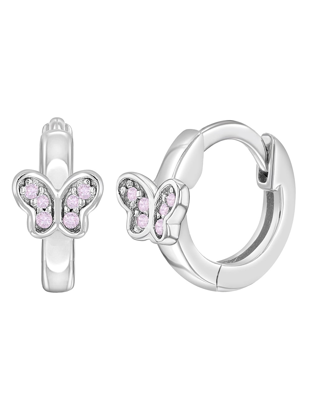 925 Sterling Silver Pink CZ Butterfly Huggie Hoop Earrings for Girls or Teens