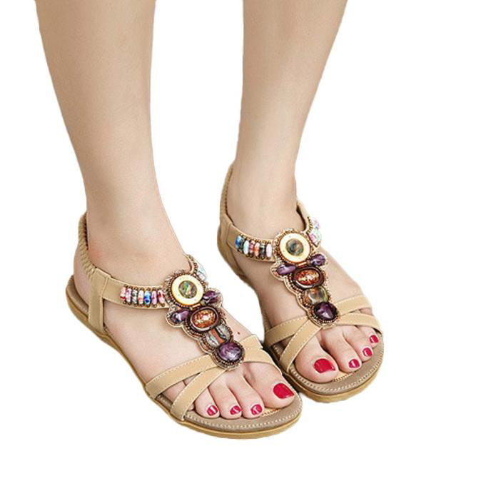 Womens Fashion Summer Sandals Sweet Beaded Clip Toe Flats Bohemian Herringbone Female Platform Shoes