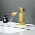 thumbnail image 3 of Grifo de baño con caño en cascada dorado, grifo para lavabo de baño con un solo orificio, grifo mezclador para lavabo con placa de cubierta, 3 of 5